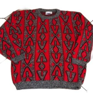 Justin Allen Sweater Women's Vintage Geometric Knit Red Grey Medium